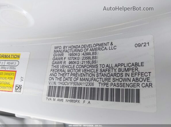 1HGCV1F50MA112306 2021 HONDA ACCORD White Շարժիչի բաժամունքի տեսք