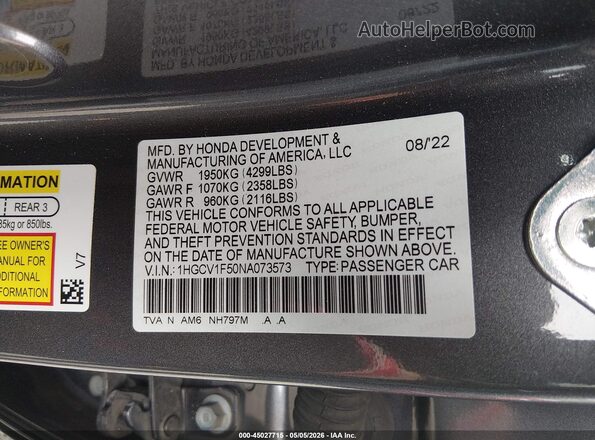 1HGCV1F50NA073573 2022 HONDA ACCORD Gray Вид підкапотного простору