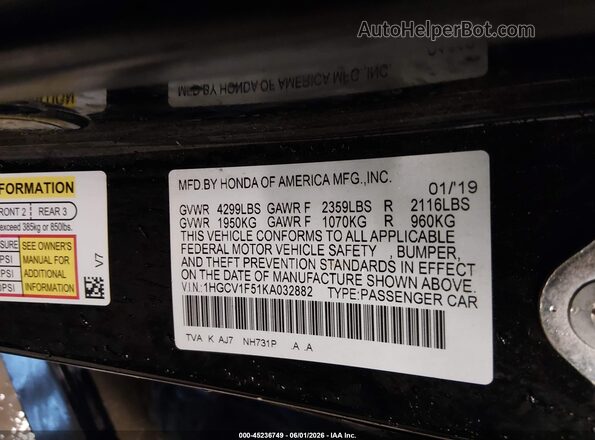1HGCV1F51KA032882 2019 HONDA ACCORD Black Engine compartment view