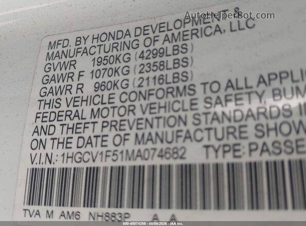 1HGCV1F51MA074682 2021 HONDA ACCORD White 