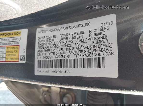 1HGCV1F52JA085170 2018 HONDA ACCORD Gray Вид підкапотного простору