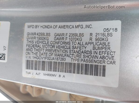 1HGCV1F52JA187293 2018 HONDA ACCORD Серый Вид подкапотного пространства