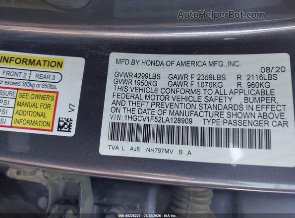 1HGCV1F52LA128909 2020 HONDA ACCORD Gray Շարժիչի բաժամունքի տեսք