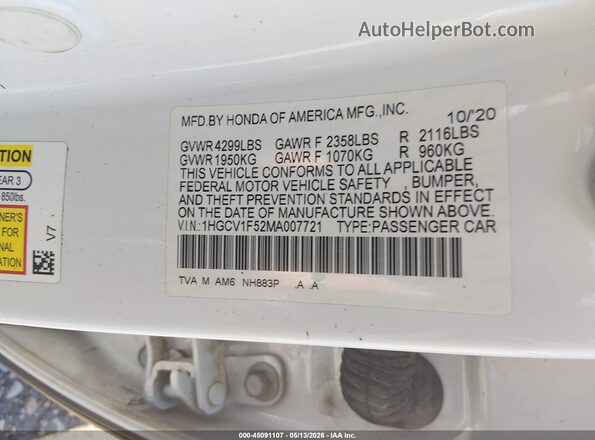 1HGCV1F52MA007721 2021 HONDA ACCORD White Вид підкапотного простору