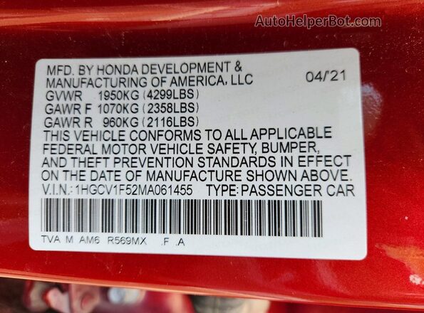1HGCV1F52MA061455 2021 HONDA ACCORD Red Engine compartment view
