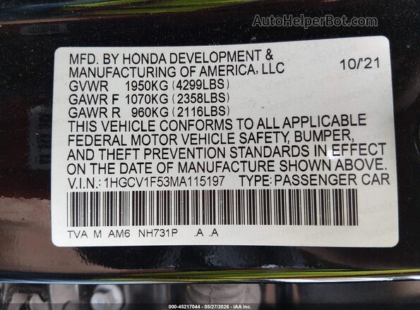 1HGCV1F53MA115197 2021 HONDA ACCORD Black 