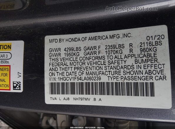 1HGCV1F54LA060239 2020 HONDA ACCORD Серый Вид подкапотного пространства