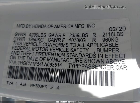 1HGCV1F54LA063514 2020 HONDA ACCORD White 
