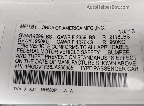 1HGCV1F55JA265355 2018 HONDA ACCORD White Engine compartment view