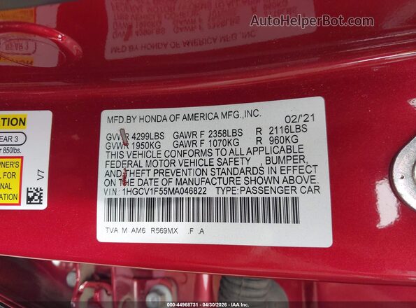 1HGCV1F55MA046822 2021 HONDA ACCORD Red Vista del compartimento del motor