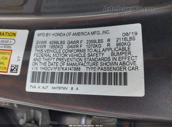 1HGCV1F57KA147888 2019 HONDA ACCORD Gray Շարժիչի բաժամունքի տեսք