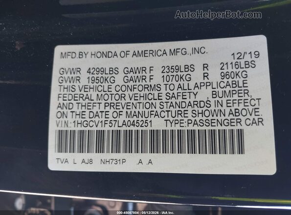 1HGCV1F57LA045251 2020 HONDA ACCORD Black 
