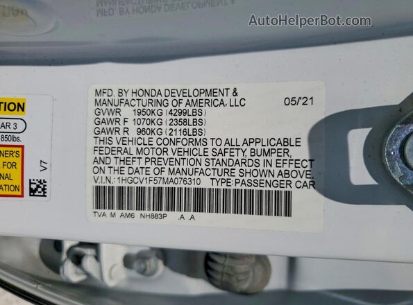 1HGCV1F57MA076310 2021 HONDA ACCORD White 
