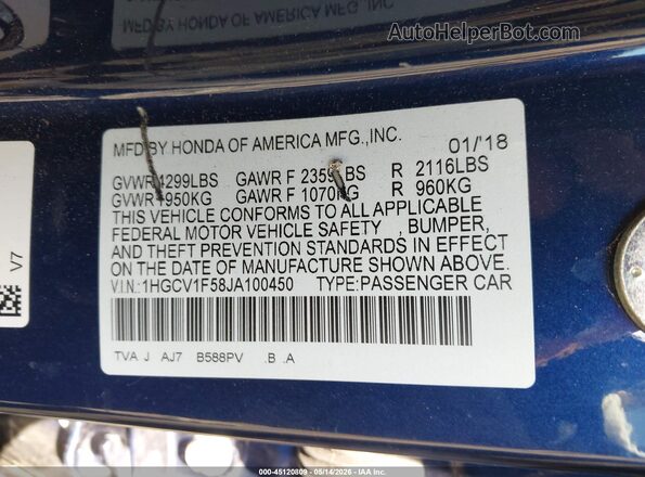 1HGCV1F58JA100450 2018 HONDA ACCORD Синий Вид подкапотного пространства