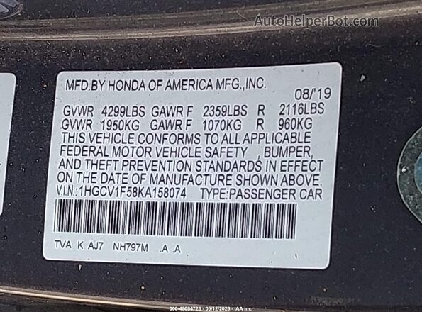 1HGCV1F58KA158074 2019 HONDA ACCORD Gray Вид підкапотного простору