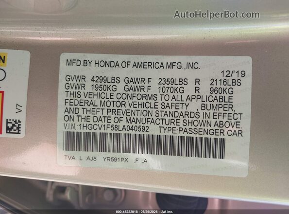 1HGCV1F58LA040592 2020 HONDA ACCORD Champagne Engine compartment view