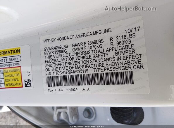 1HGCV1F5XJA025119 2018 HONDA ACCORD White Շարժիչի բաժամունքի տեսք