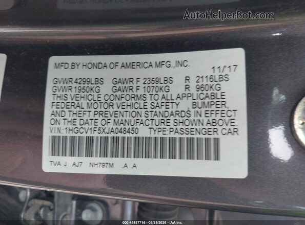 1HGCV1F5XJA048450 2018 HONDA ACCORD Gray Вид підкапотного простору
