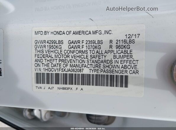 1HGCV1F5XJA062087 2018 HONDA ACCORD White ძრავის განყოფილების ხედი