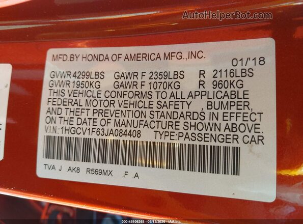 1HGCV1F63JA084408 2018 HONDA ACCORD Red Engine compartment view