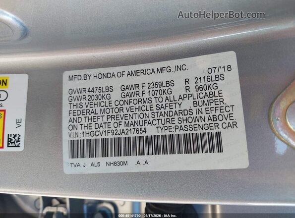 1HGCV1F92JA217654 2018 HONDA ACCORD Silver Շարժիչի բաժամունքի տեսք