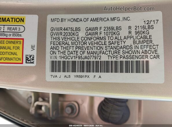 1HGCV1F95JA077972 2018 HONDA ACCORD Бежевый Вид подкапотного пространства