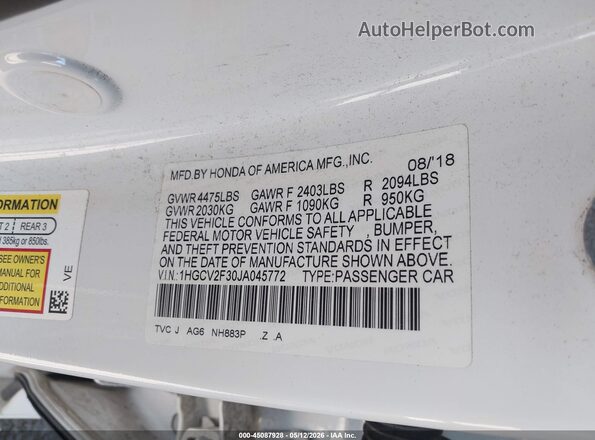 1HGCV2F30JA045772 2018 HONDA ACCORD White Engine compartment view