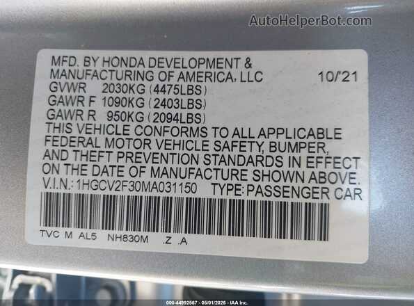 1HGCV2F30MA031150 2021 HONDA ACCORD Серебряный Вид подкапотного пространства