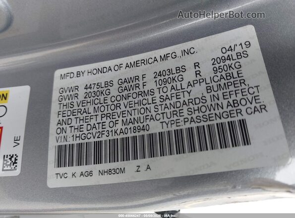 1HGCV2F31KA018940 2019 HONDA ACCORD Silver ძრავის განყოფილების ხედი