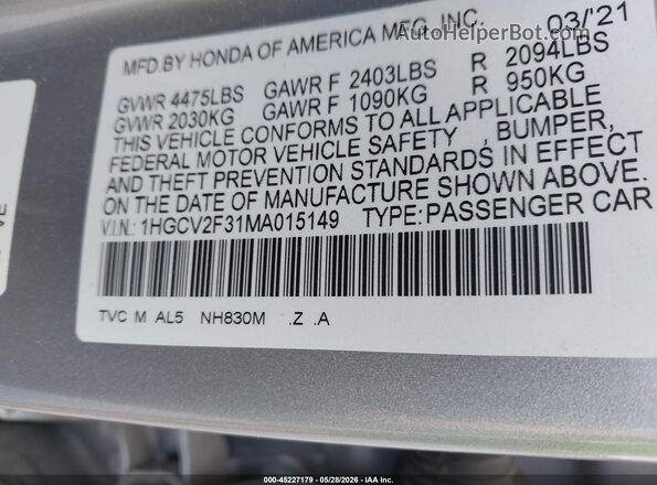 1HGCV2F31MA015149 2021 HONDA ACCORD Silver 