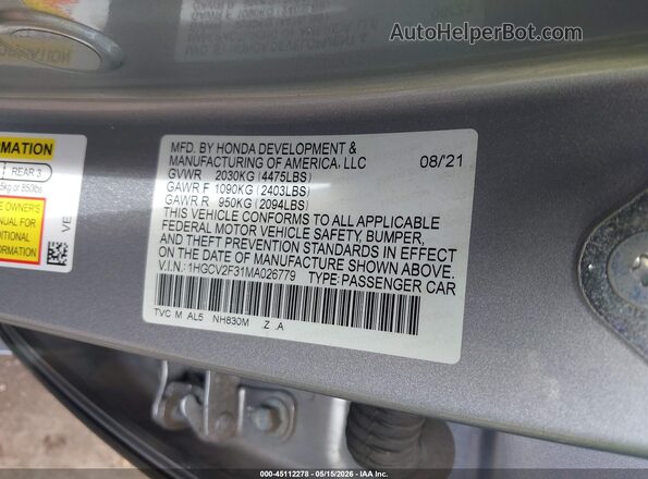 1HGCV2F31MA026779 2021 HONDA ACCORD Gray Vista del compartimento del motor