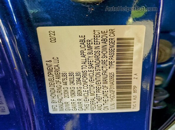1HGCV2F31NA006825 2022 HONDA ACCORD Синий Вид наклейки с VIN-кодом