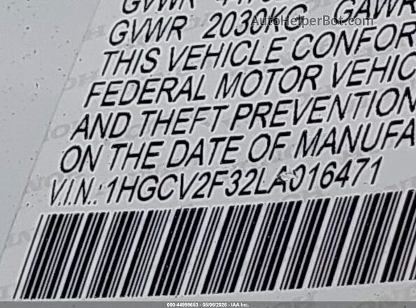 1HGCV2F32LA016471 2020 HONDA ACCORD White Շարժիչի բաժամունքի տեսք