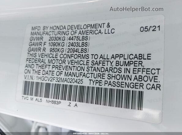 1HGCV2F32MA020425 2021 HONDA ACCORD White Вид підкапотного простору