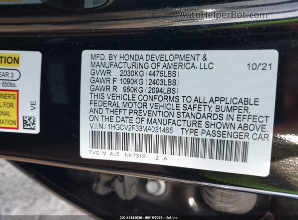 1HGCV2F33MA031465 2021 HONDA ACCORD Black Вид підкапотного простору