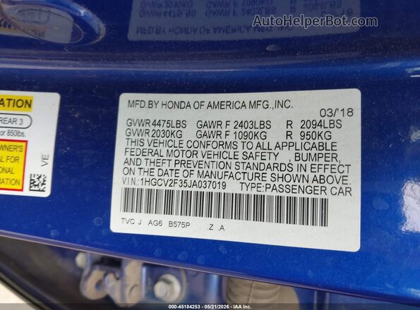 1HGCV2F35JA037019 2018 HONDA ACCORD Синий 
