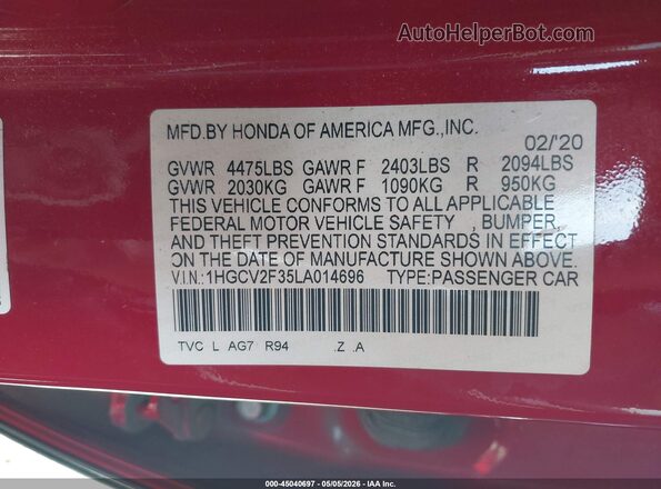 1HGCV2F35LA014696 2020 HONDA ACCORD Red Widok komory silnika