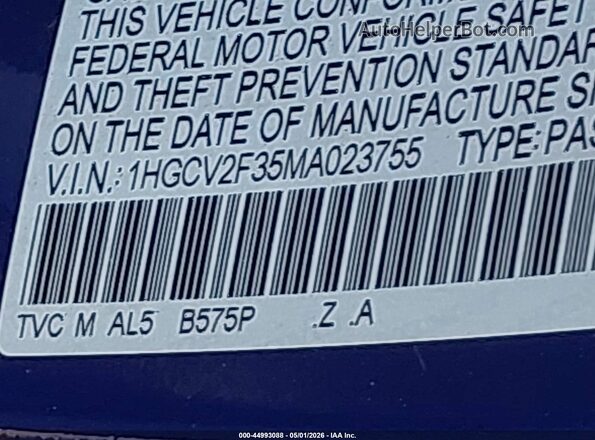 1HGCV2F35MA023755 2021 HONDA ACCORD Blue Vista del compartimento del motor