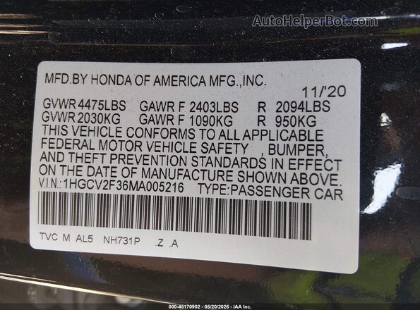 1HGCV2F36MA005216 2021 HONDA ACCORD Black Vista del compartimento del motor