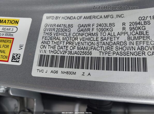 1HGCV2F38JA025656 2018 HONDA ACCORD Silver Widok komory silnika