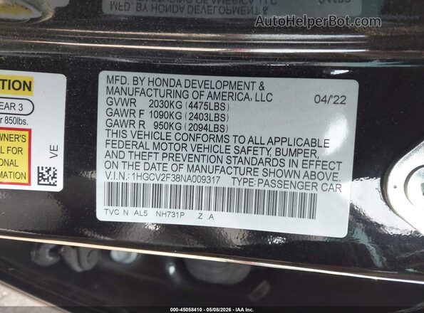 1HGCV2F38NA009317 2022 HONDA ACCORD Black 