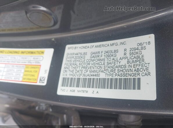 1HGCV2F39JA044460 2018 HONDA ACCORD Серый 