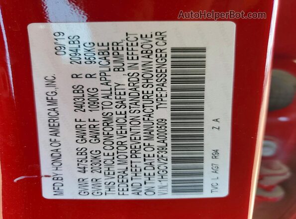 1HGCV2F39LA000509 2020 HONDA ACCORD Red ძრავის განყოფილების ხედი