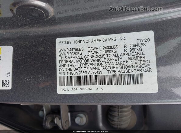 1HGCV2F39LA026429 2020 HONDA ACCORD Gray Вид підкапотного простору