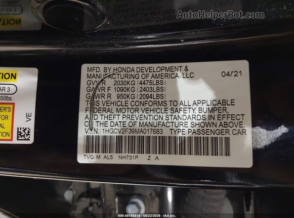 1HGCV2F39MA017683 2021 HONDA ACCORD Black ძრავის განყოფილების ხედი