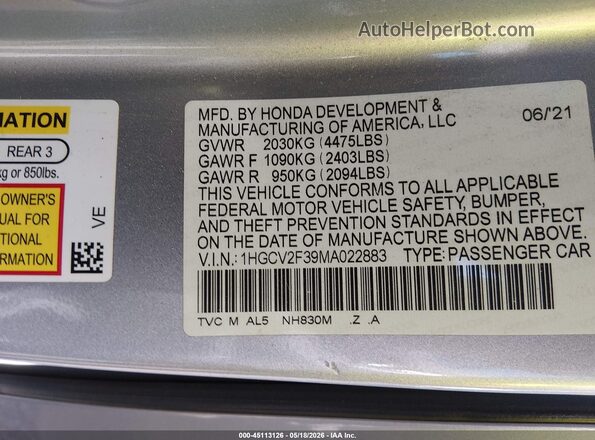 1HGCV2F39MA022883 2021 HONDA ACCORD Silver Вид підкапотного простору