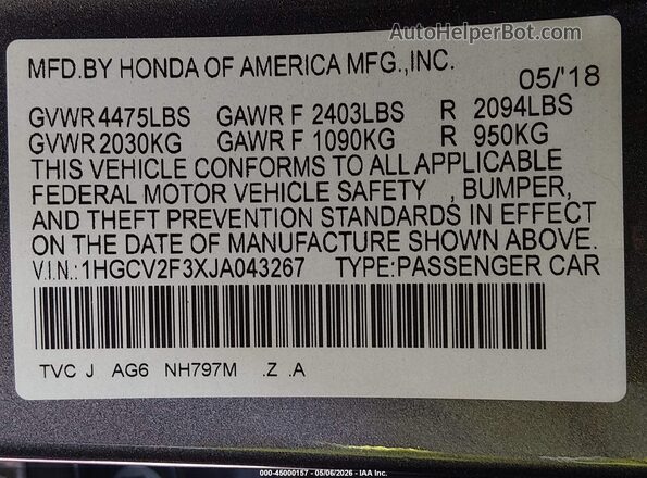 1HGCV2F3XJA043267 2018 HONDA ACCORD Gray Vista del compartimento del motor
