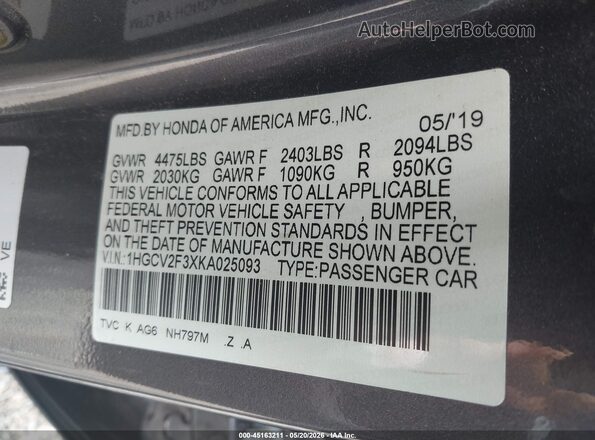 1HGCV2F3XKA025093 2019 HONDA ACCORD Gray 