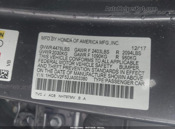1HGCV2F52JA003380 2018 HONDA ACCORD Gray Vista del compartimento del motor