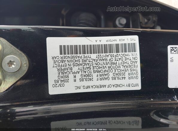 1HGCV2F55LA017227 2020 HONDA ACCORD Black Շարժիչի բաժամունքի տեսք